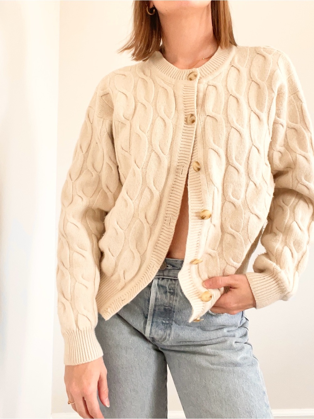 Vintage Liz Claiborne Wool Cream Cable-Knit Button Cardigan Sweater